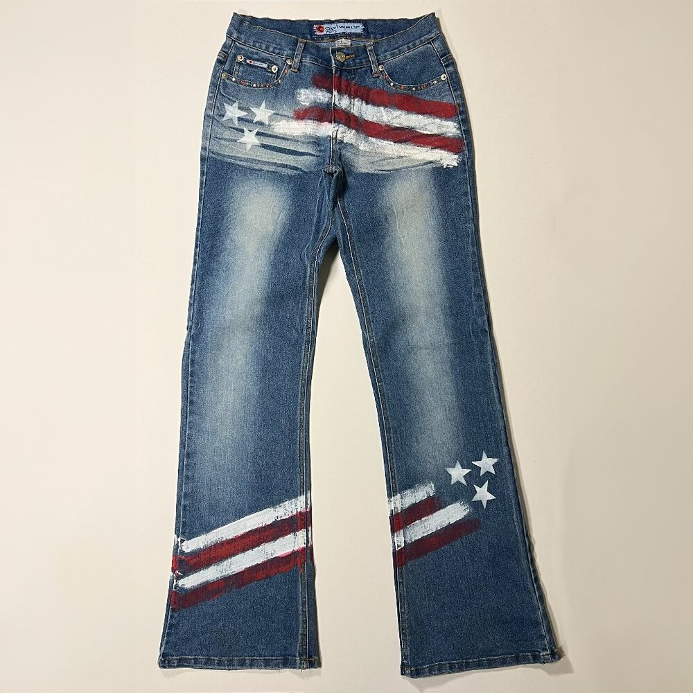 Vintage Y2K Flared Coolwear Jeans with Painted on American Flag and Gems